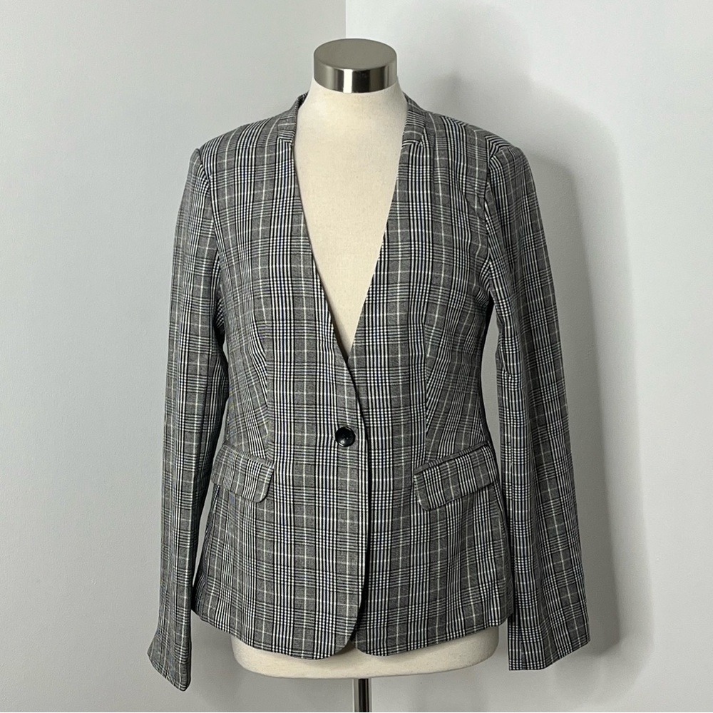 NWT PREMISE Lapeless Single Button Plaid Blazer Sz 8